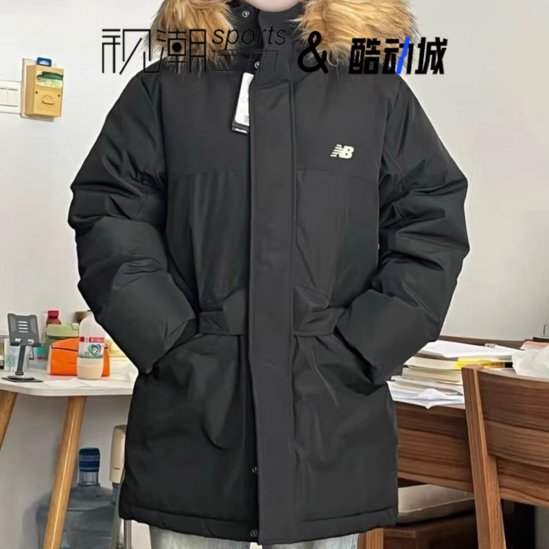 New Balance NB黑色男女连帽保暖中长款派克羽绒服AMJ33330-BK
