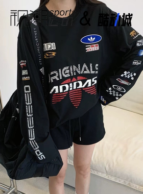Adidas阿迪达斯黑色男女赛车风宽松圆领运动休闲长袖T恤KH1199
