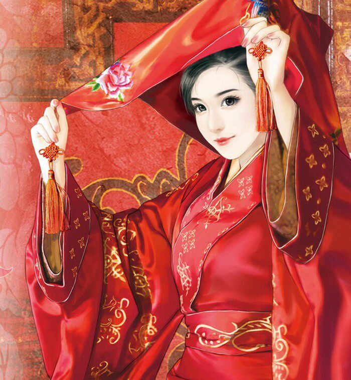 手工制作粘贴十字钻石珠粒绣中国风古装新娘妆红衣女子客厅墙壁画