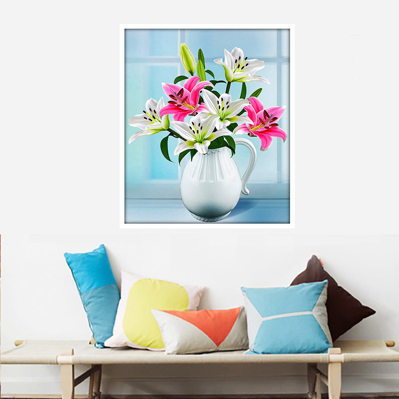 包邮粘贴十字钻石绣满钻清新香水百合花瓶客厅卧室餐饮静吧装饰画