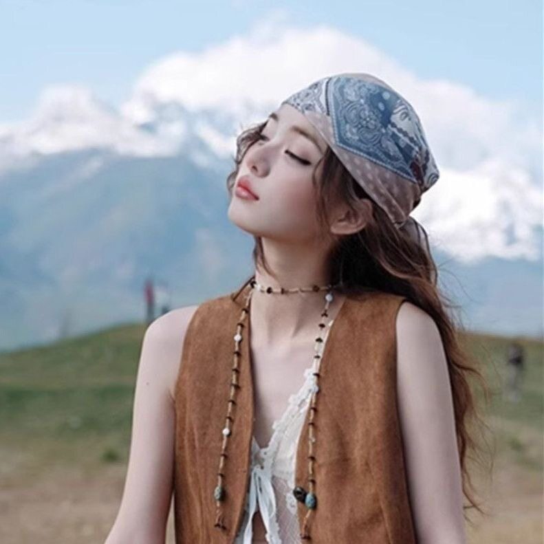复古棉麻腰果丝巾女包头帽子旅游穿搭头巾发带百搭小方巾绑包围巾