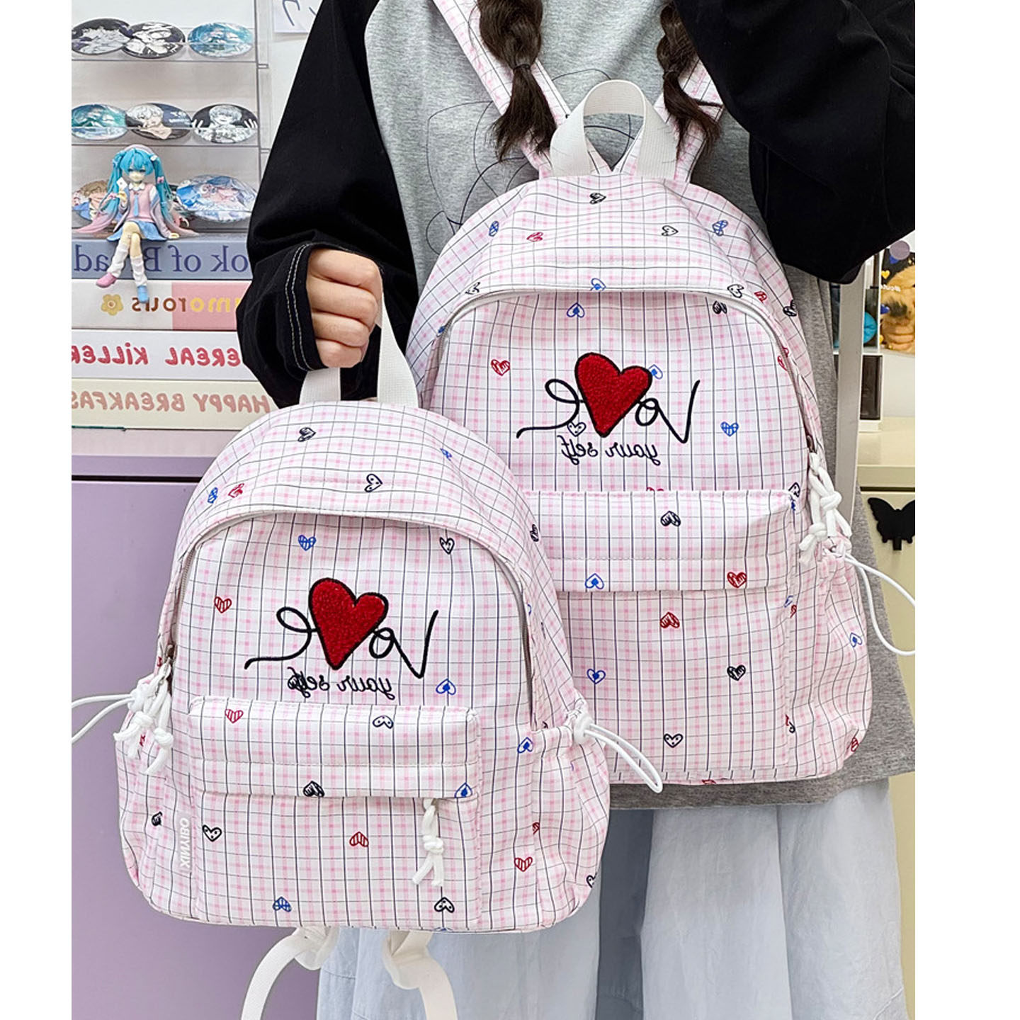日系格子少女心大容量双肩书包