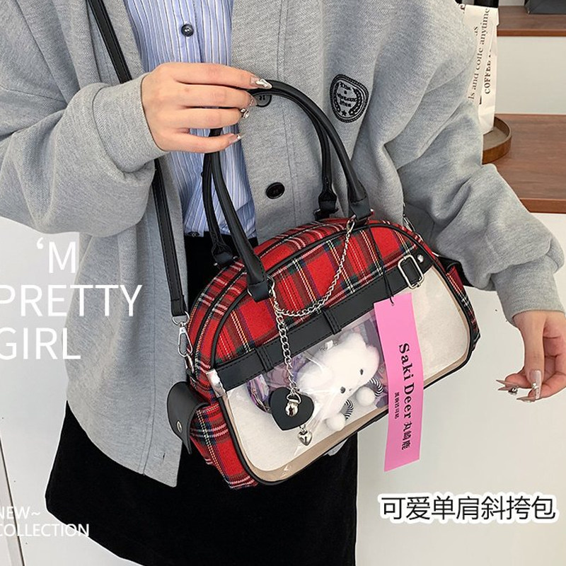 手提包格子甜心痛包Y2K甜酷辣妹风透明扎板斜挎包女包街拍化妆包