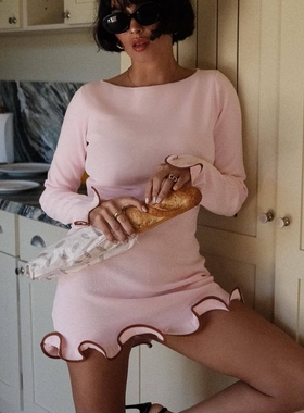 wildgirl秋季新款波浪性感紧身木耳边卷边针织裙长袖舞会连衣裙女