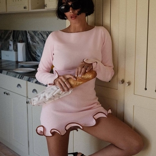 wildgirl秋季新款波浪性感紧身木耳边卷边针织裙长袖舞会连衣裙女