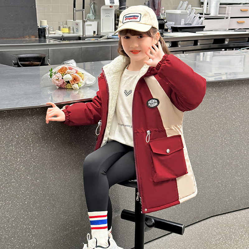 女童加绒冬装棉袄显瘦中长款外套