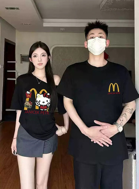 2025年夏季卡通印花设计感情侣款短袖休闲百搭男女款落肩T恤上衣
