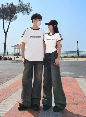 夏季潮牌设计感字母印花圆领短袖2025新款情侣T恤男女款百搭上衣