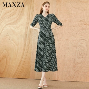 连衣裙22年夏季 中长裙 泡泡袖 V领收腰长款 新款 MAXZA几何图案围裹式