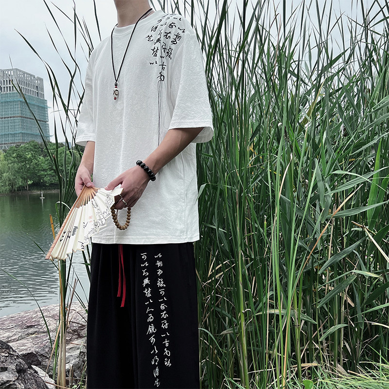风推荐夏季2026新中式刺绣文字黑白圆领T恤T062-P35控58,男装T恤,电商A021