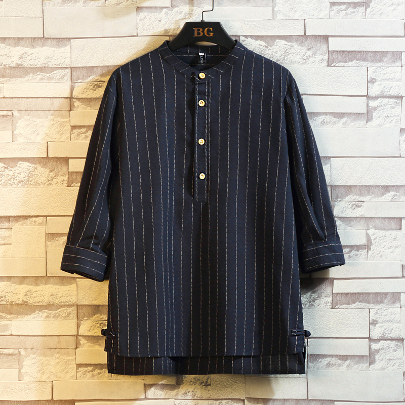 日系夏季现货青春流行男士七分袖立领复古盘扣男衬衫CS88-P45，男装T恤，电商A021