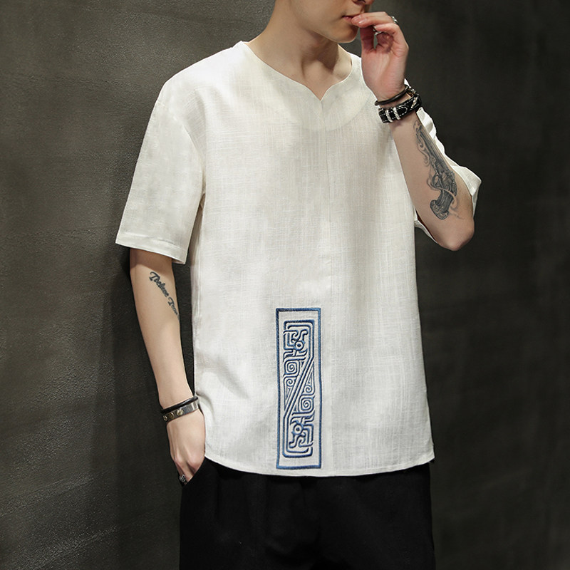 风新款夏季棉麻刺绣大码休闲T恤男QT4029-T2103,男装T恤,电商A021
