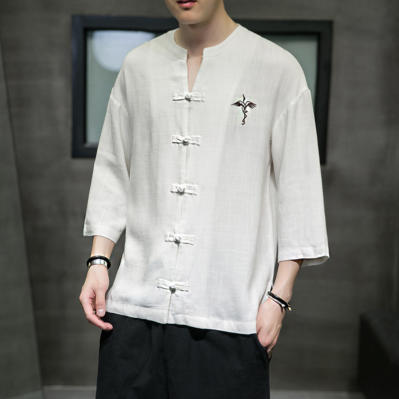 夏季风七分袖棉麻复古汉服盘扣团体稀罕透气衬衫男-C218图片