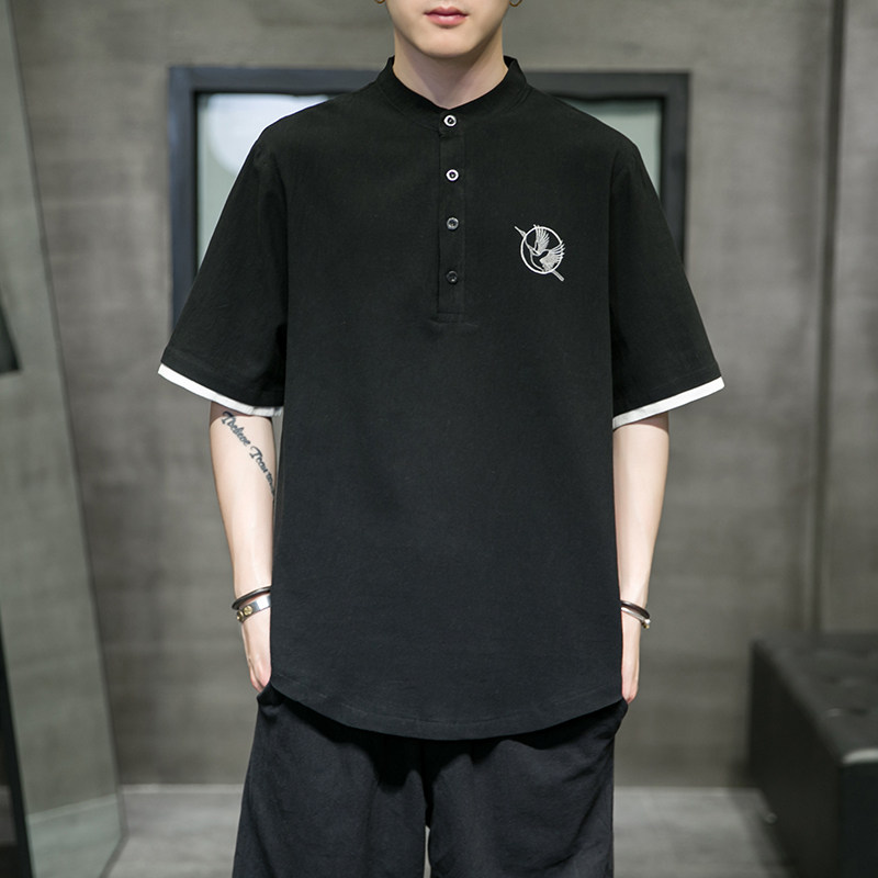 夏季男士上衣衬衫棉麻假两件撞色休闲T恤T511图片