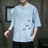 风新款复古盘扣棉麻复古盘扣刺绣休闲短袖T恤MT2309-P55，男装T恤，电商A021