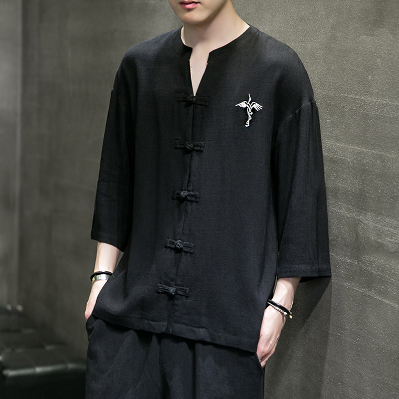 夏季风V领休闲棉麻复古盘扣透气吸汗七分袖衬衫男-C218，男装衬衫，电商A021