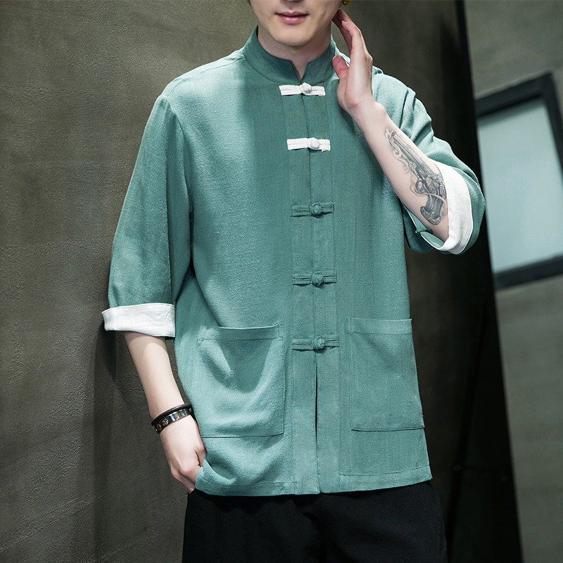 现货新中式风复古盘扣服开衫翻袖七分袖汉服男立领MT2310-P65,男装民族服装,电商A021
