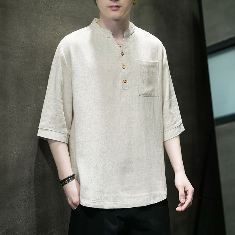 23新款风亚民族风棉麻T恤五分袖休闲T恤男MT2301-P45，男装T恤，电商A021