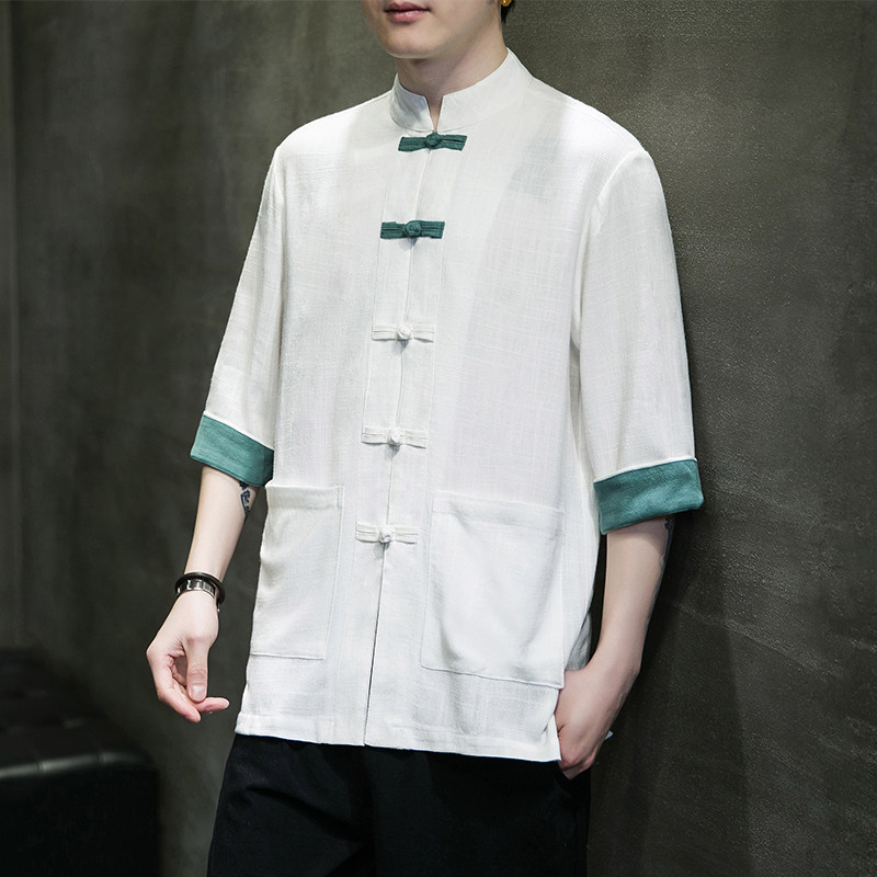 现货~风棉麻复古盘扣茶服开衫翻袖撞色七分袖男MT2310-P65,男装卫衣,电商A021