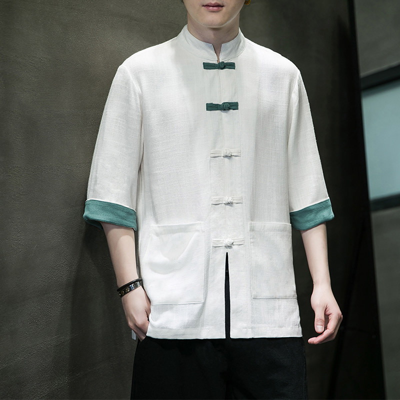 风茶服棉麻复古盘扣服开衫翻袖撞色七分袖男MT2310-P65,男装卫衣,电商A021