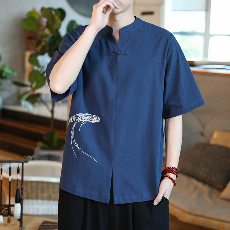 风亚麻夏季盘扣刺绣透气宽松复古T恤男QT4029-T2026，男装T恤，电商A021