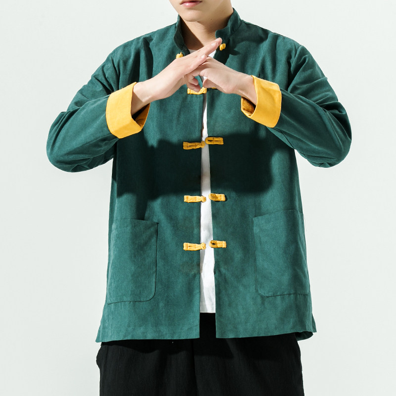 秋季居士服男中山唐装潮撞色刺绣桃皮绒夹克外套Z图片