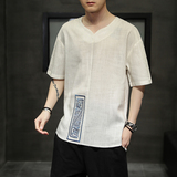 现货2021夏季男士大码刺绣短袖宽松大码休闲复古汉服T恤男T2103，男装T恤，电商A021