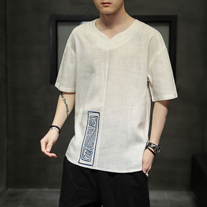 现货2021夏季男士大码刺绣短袖宽松大码休闲复古汉服T恤男T2103图片
