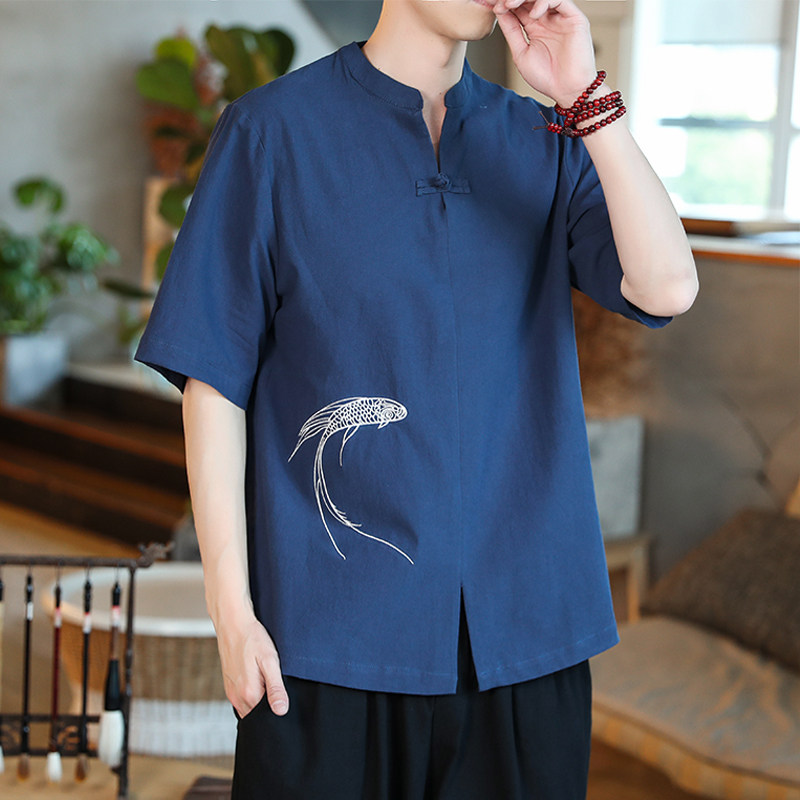 风亚麻夏季盘扣刺绣透气宽松复古T恤男QT4029-T2026,男装T恤,电商A021