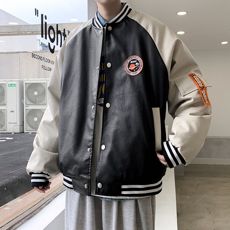 2021秋冬新款港风PU皮夹克外套情侣大码棒球服-M05,男装夹克,电商A021