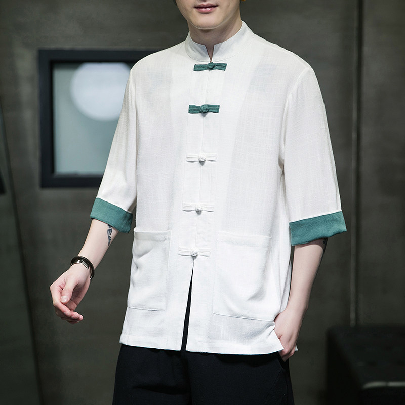 夏季功夫服棉麻风复古盘扣服开衫翻袖撞色七分袖男MT2310-P65图片
