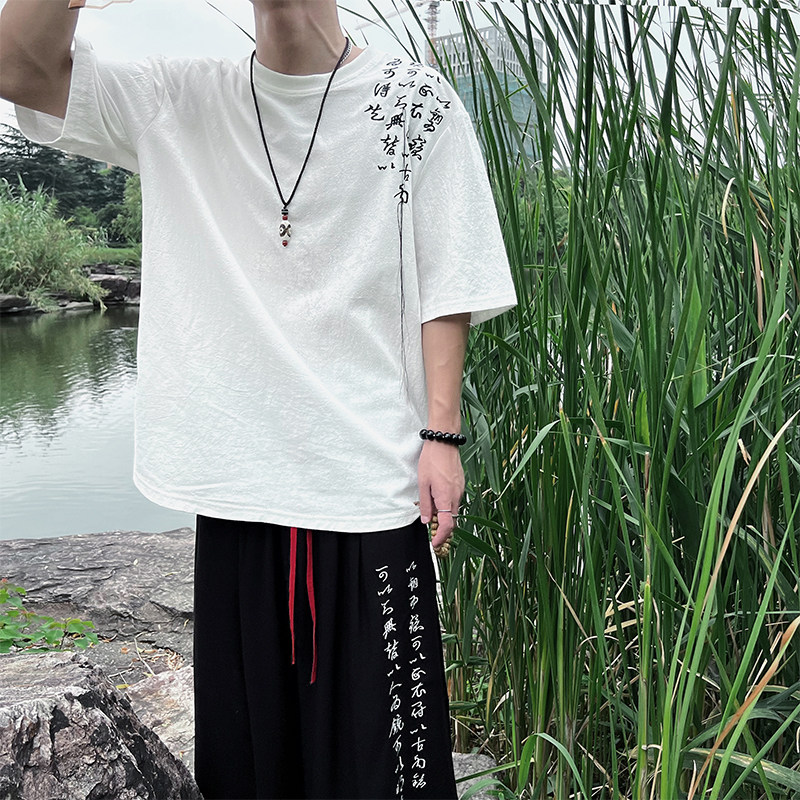 新款新中式刺绣文字黑白圆领T恤汉服男女T062-P35控58,男装T恤,电商A021