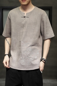 夏季风新款棉麻仙鹤刺绣汉服宽松大码T恤男QT429-2105图片