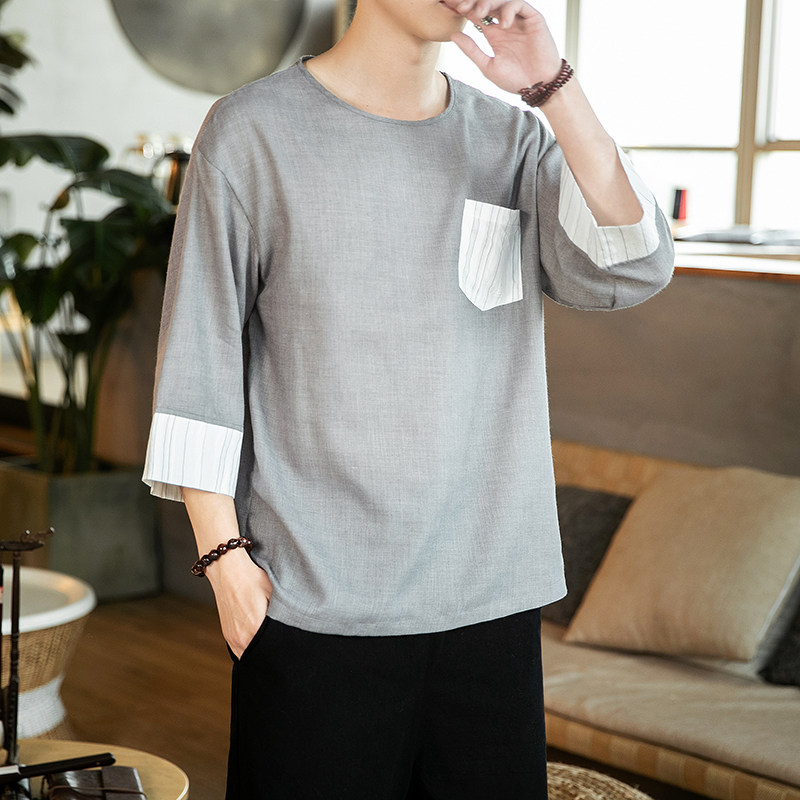 风夏季冰丝透气汉服口袋圆领休闲七分袖男QT4029-T2054图片