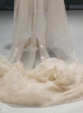 香槟色白色喷银粉软网纱闪粉软头纱婚纱礼服面料布料婚庆摄影背景
