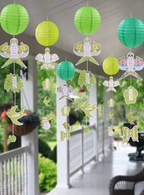 春天季节主题装饰场景布置绿色灯笼挂饰国风纸鸢书法吊饰氛围装扮