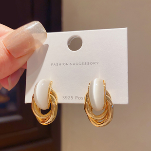 欧美复古金属多层缠绕猫眼石耳环女高级感法式时尚气质耳钉耳饰