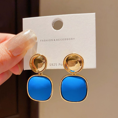 复古气质小众个性夸张大耳环女独特设计感几何蓝色方形耳钉耳饰