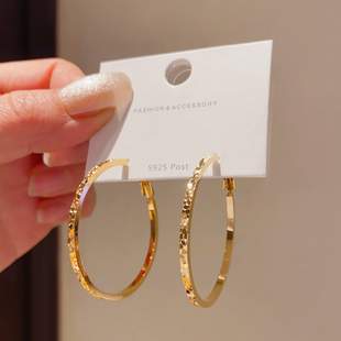 简约设计感金色素圈耳环女高级感百搭铜质925银针圆圈圈耳圈耳饰