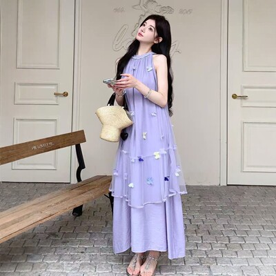 重工款式蝴蝶缝制新紫色吊带女仙气飘逸花朵刺绣无袖连衣裙度假风