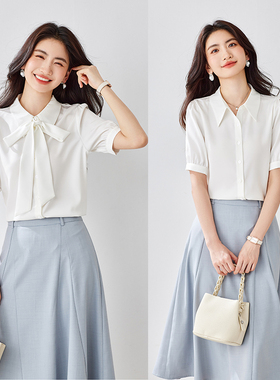 白色蝴蝶结衬衫女春秋教资面试穿搭考公复试正装套装上衣职业衬衣