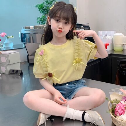 女童夏装T恤2025新款儿童洋气花边韩版女孩夏季短袖上衣宽松衣服