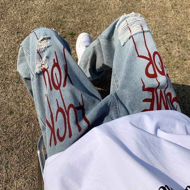 美式hiphop破洞牛仔裤男夏季薄款潮牌痞帅vibe风高街宽松直筒裤子