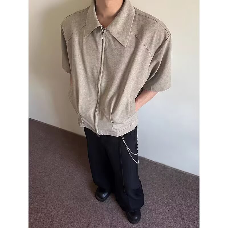 clenafit双拉链短袖衬衫夹克男夏季美式潮牌简约宽松短款垫肩衬衣