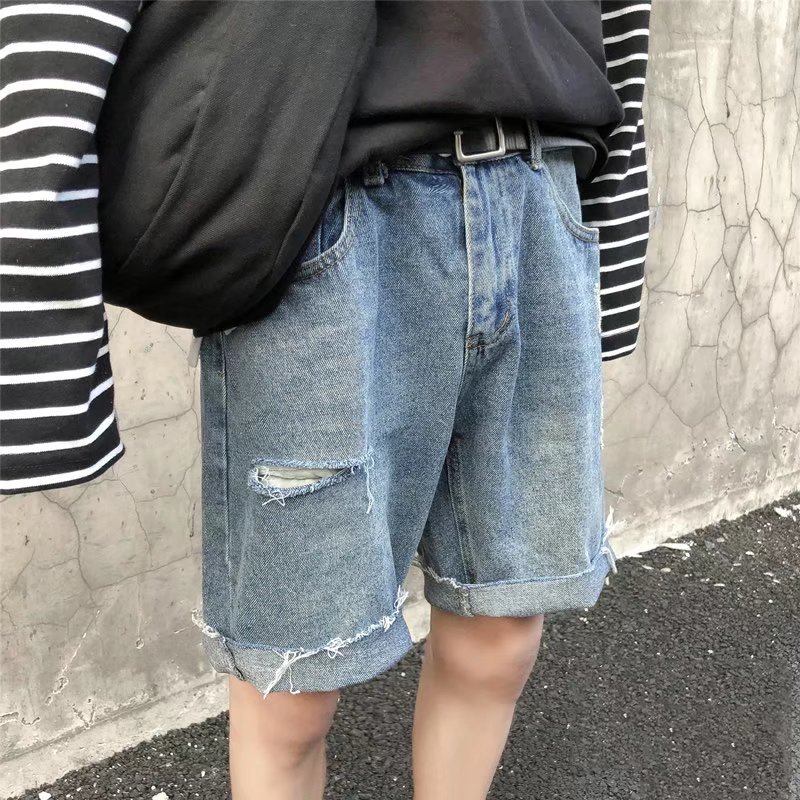 2025年新款破洞牛仔短裤男夏季潮牌宽松直筒五分裤子潮流薄款中裤