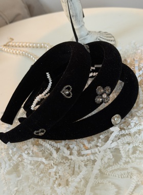 新品减-5！韩国饰品黑色丝绒发箍女小香风复古宽边压发头箍发卡子