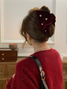 新品减-5新年发饰红色2026新款高级感丝绒镶钻发夹发饰头饰女抓夹