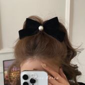 法式 复古黑色丝绒珍珠蝴蝶结气质弹簧夹百搭时尚 后脑勺发夹发卡女