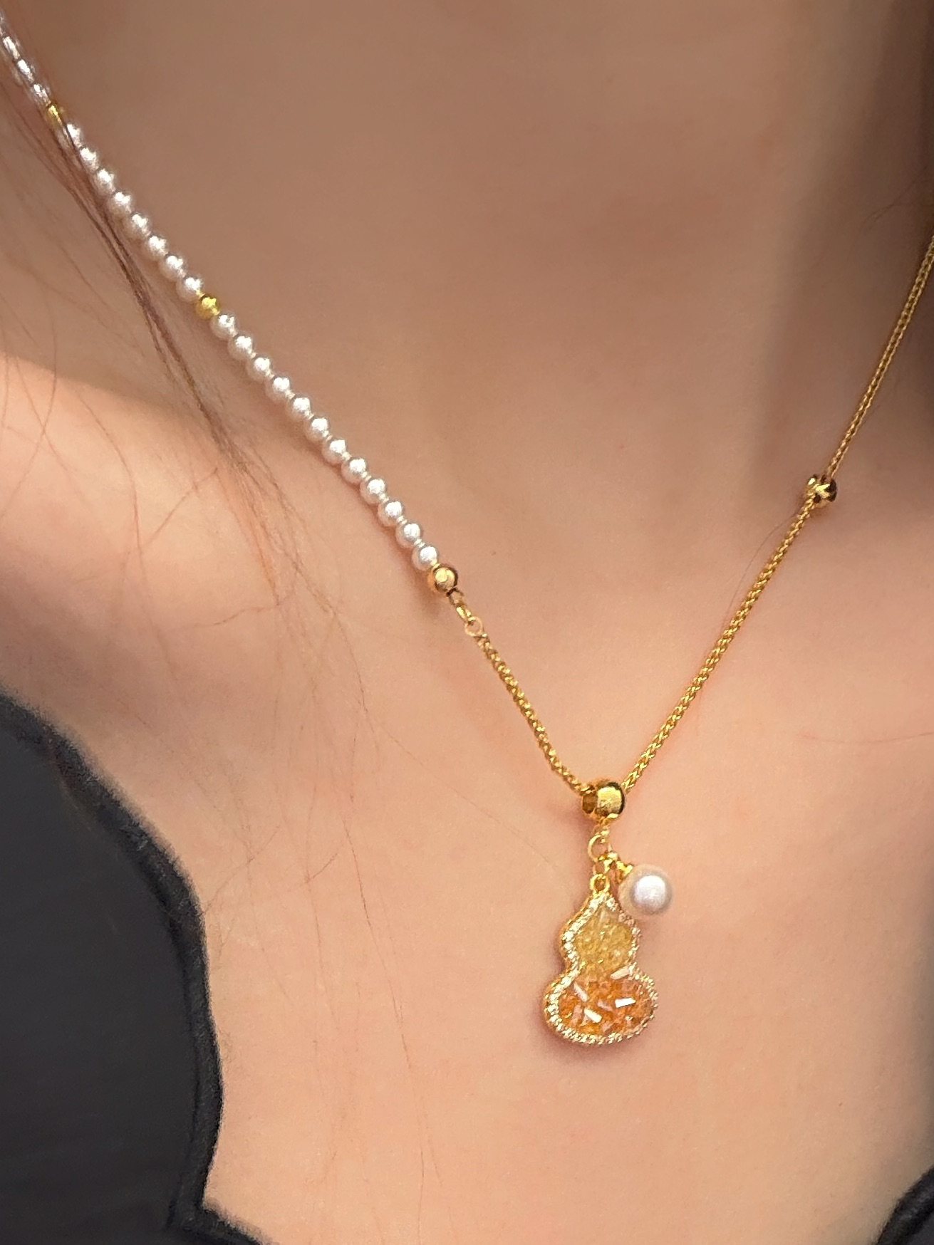 韩国2026新款香槟色葫芦水晶项链锁骨颈链网红气质高级感简约饰品