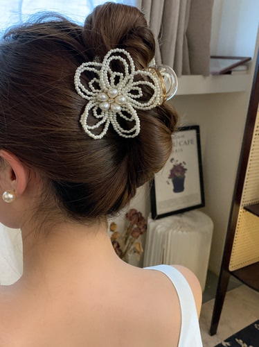 韩国原创纯手工珍珠花朵发夹女2026新款高级发饰抓夹鲨鱼夹发抓女
